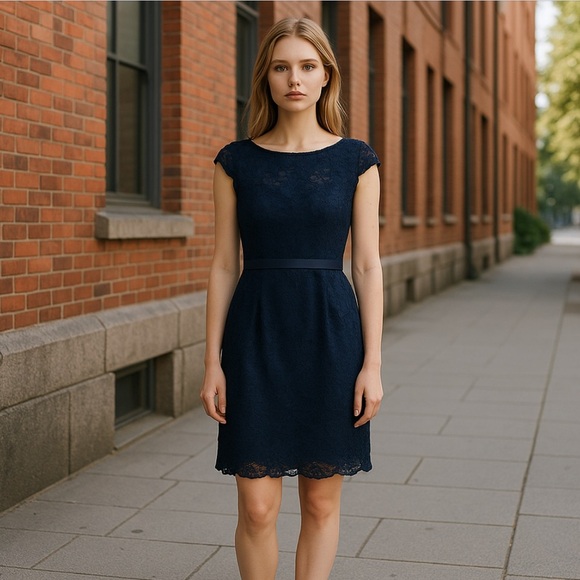 Morilee Madeline Gardner Navy Lace A-Line Cocktail Dress Sz 10 Sleeveless Formal - Picture 4 of 4